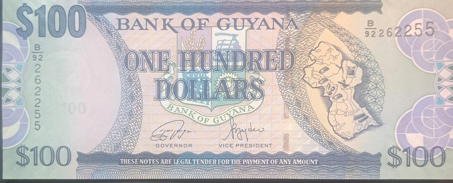 Guyana 100 Dollars, P-36c, UNCIRCULATED, 2006; features a Church and Map