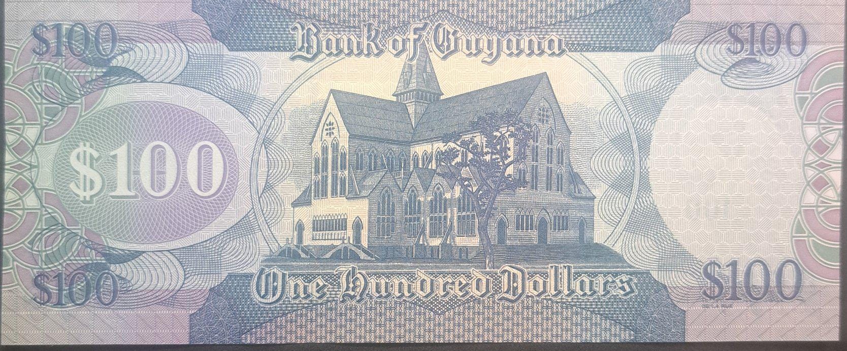 Guyana 100 Dollars, P-36c, UNCIRCULATED, 2006; features a Church and Map