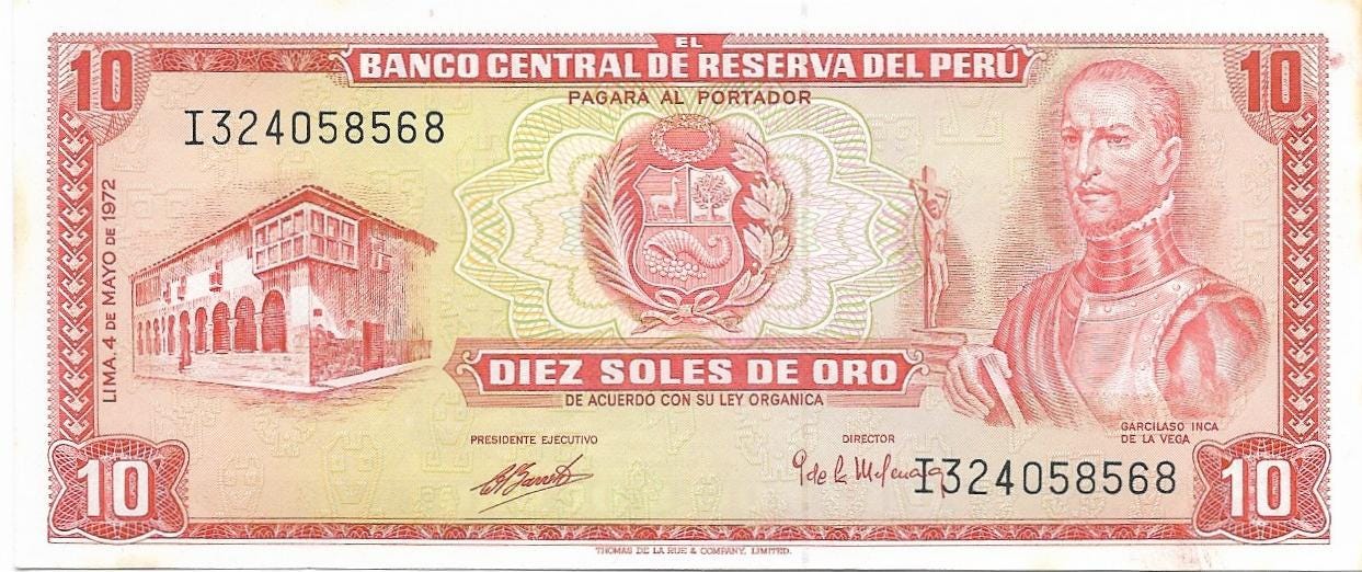PERU 10 Soles de Oro, P-100c, UNCIRCULATED, 1972; Featuring BOATS in Bay