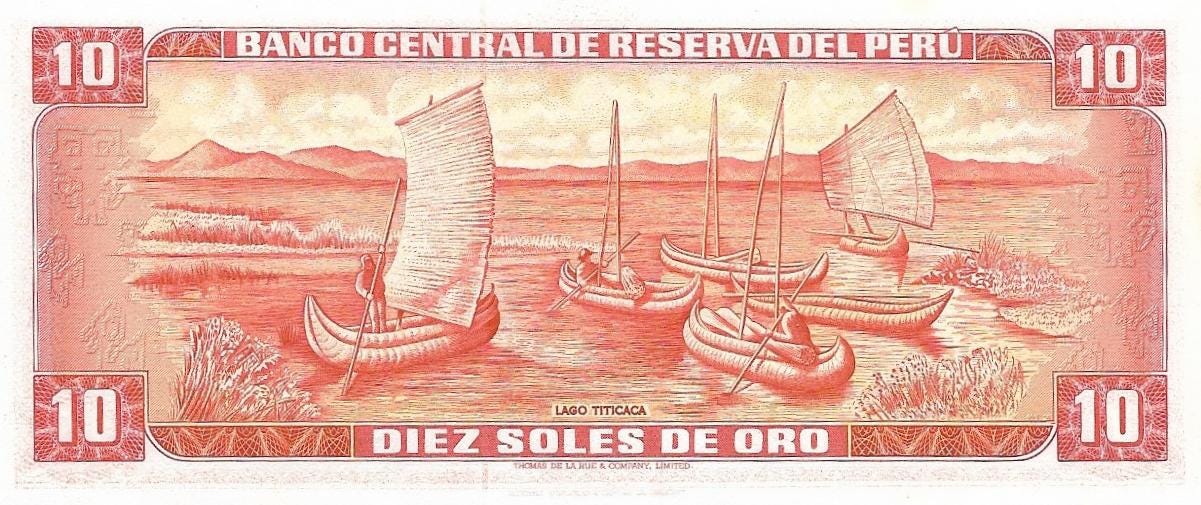 PERU 10 Soles de Oro, P-100c, UNCIRCULATED, 1972; Featuring BOATS in Bay