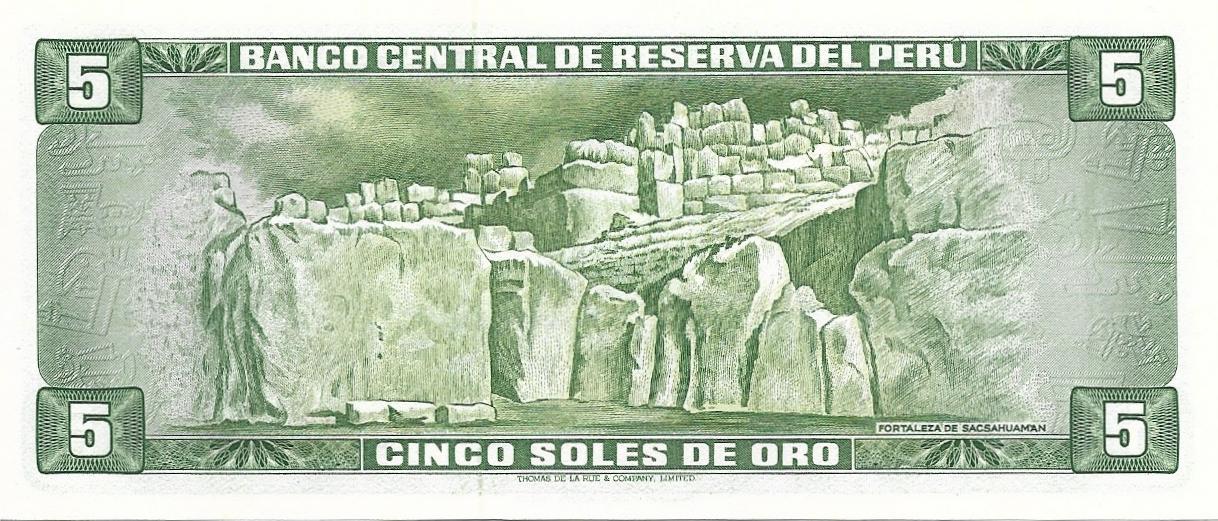 PERU 5 Soles de Oro, P-99c, UNCIRCULATED, 1974; Featuring Inca fortress