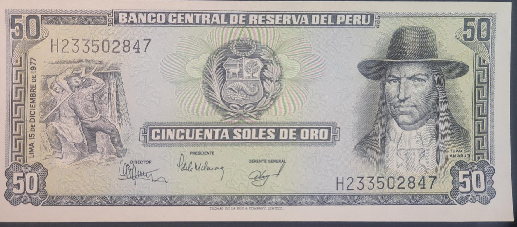 PERU 50 Soles de Oro, P-113, UNCIRCULATED, 1977; Featuring historic town of Tinta