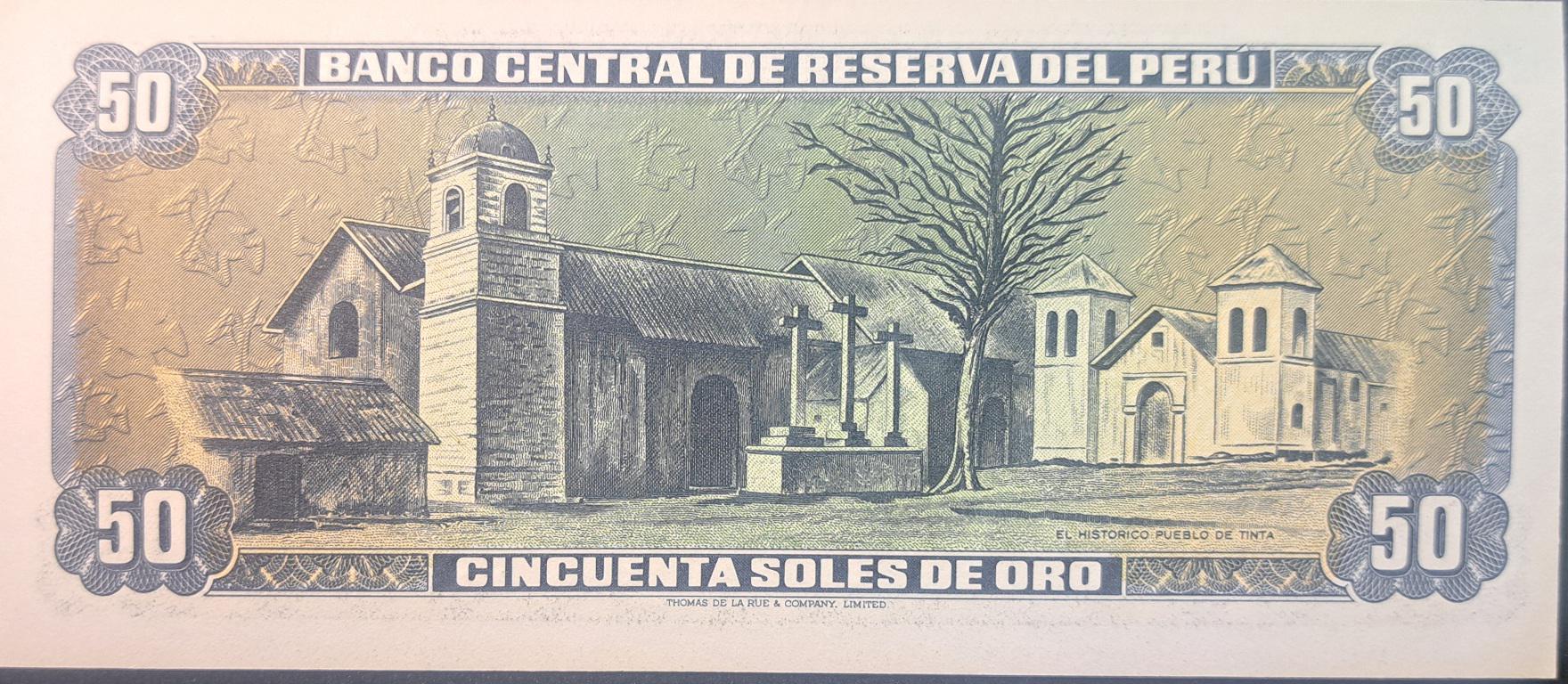 PERU 50 Soles de Oro, P-113, UNCIRCULATED, 1977; Featuring historic town of Tinta