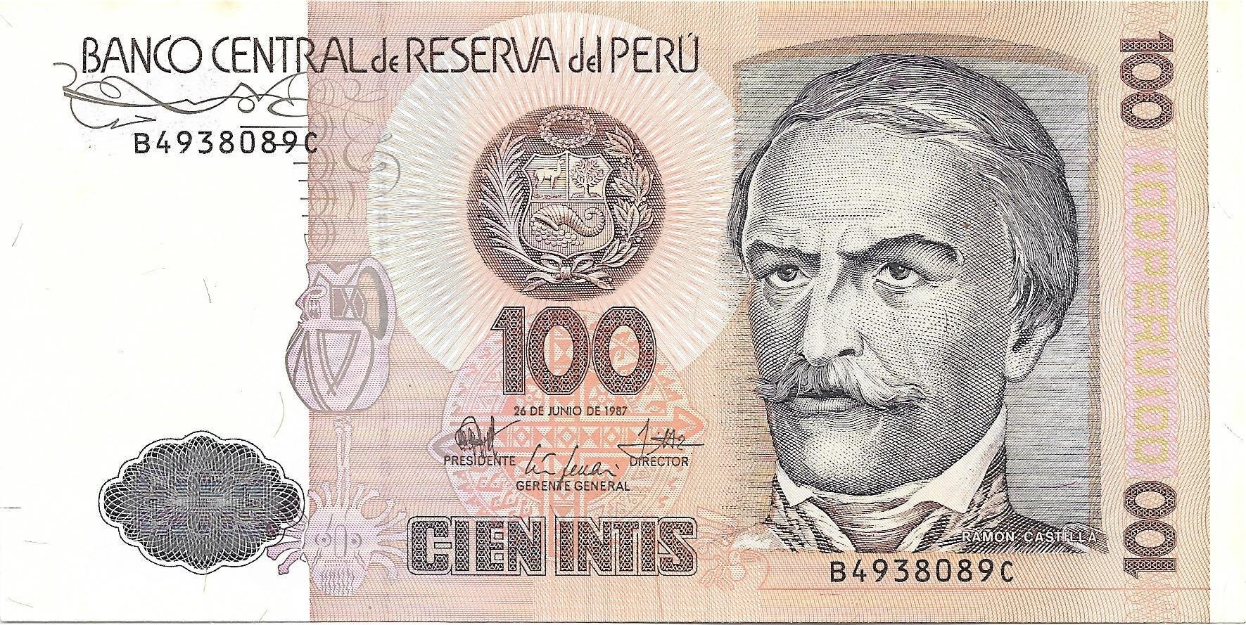 PERU 100 Intis, P-133; UNCIRCULATED, 1987; features Cotton Spinning machine