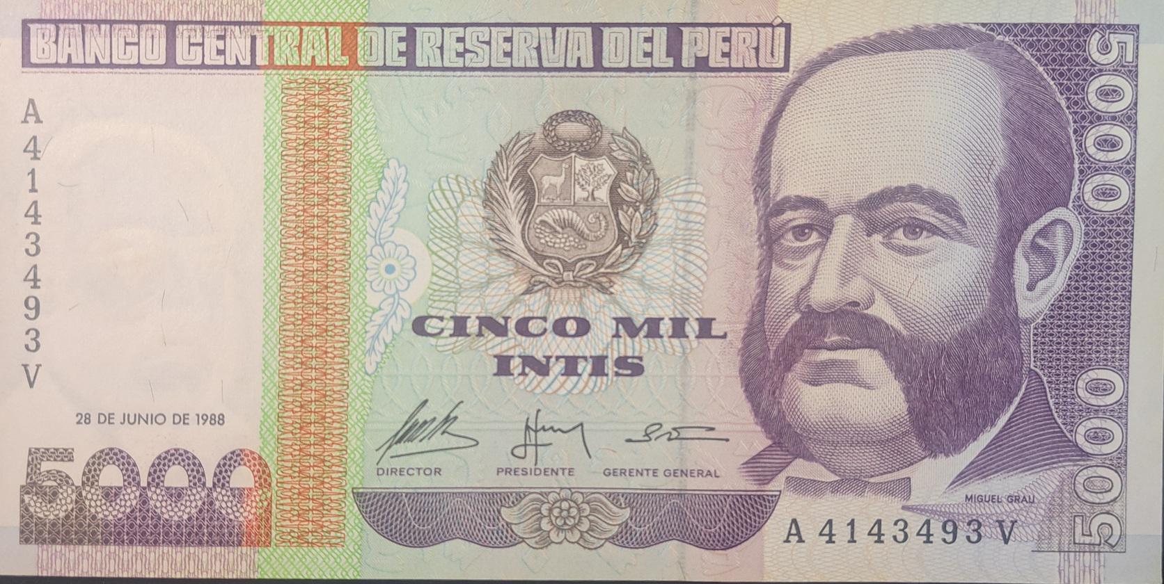 PERU 5000 Intis, P-137; UNCIRCULATED, 1988; features fishermen repairing nets