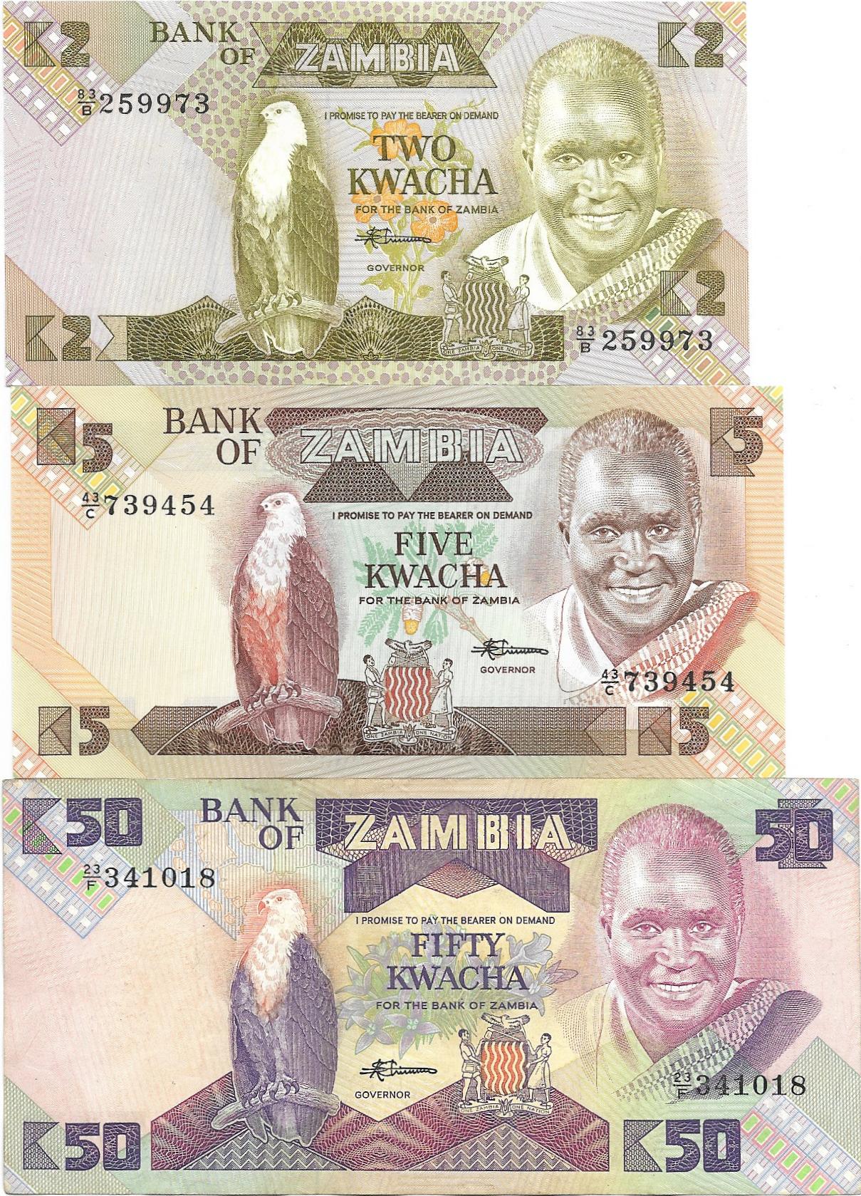 Zambia 1980's "Fish Eagle" SET; 2, 5 and 50 Kwatcha; All UNCIRCULATED