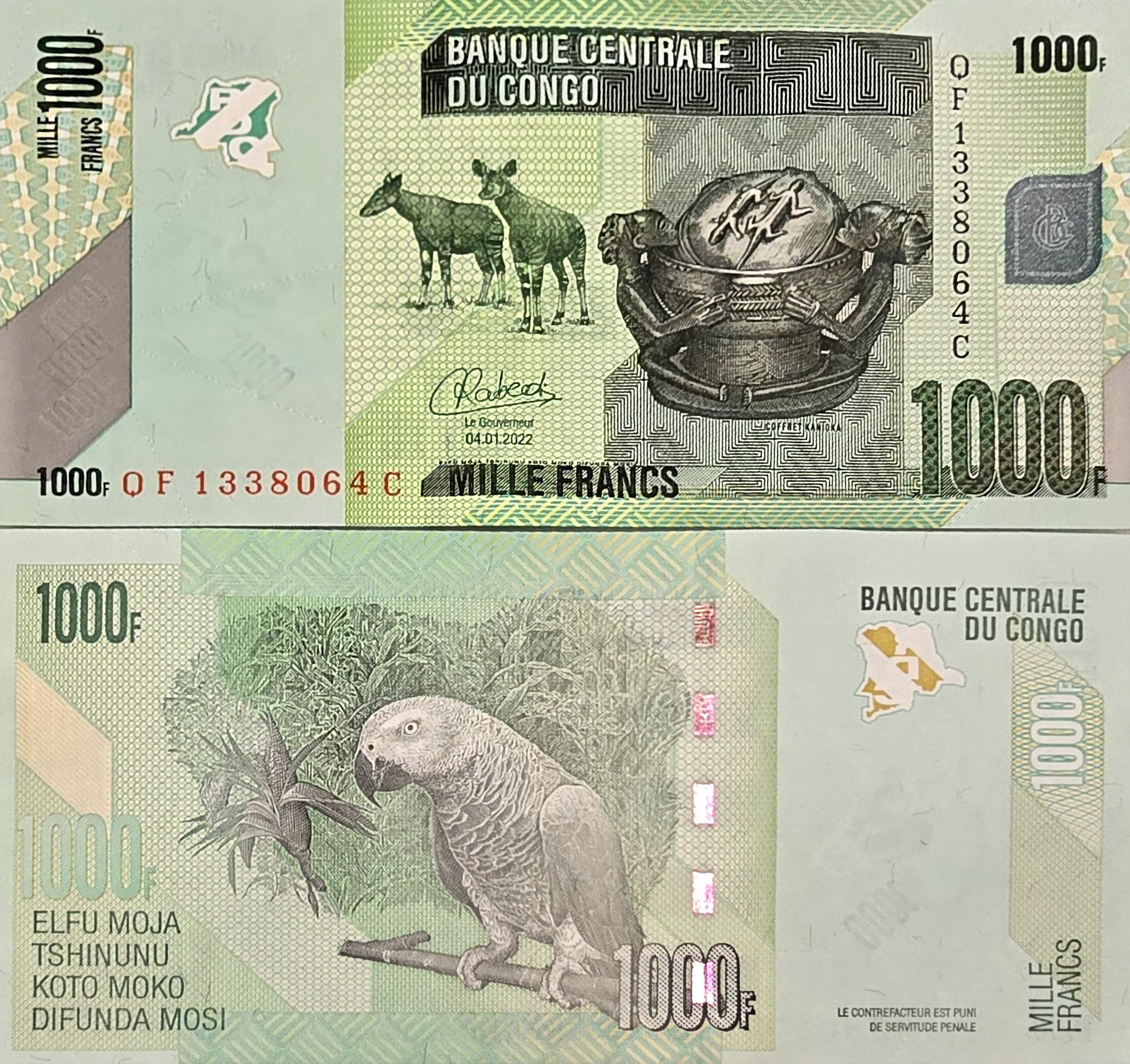 CONGO 1000 Francs, B-323d, UNCIRCULATED, 2022; Features Two Okapi; Lizards and a PARROT
