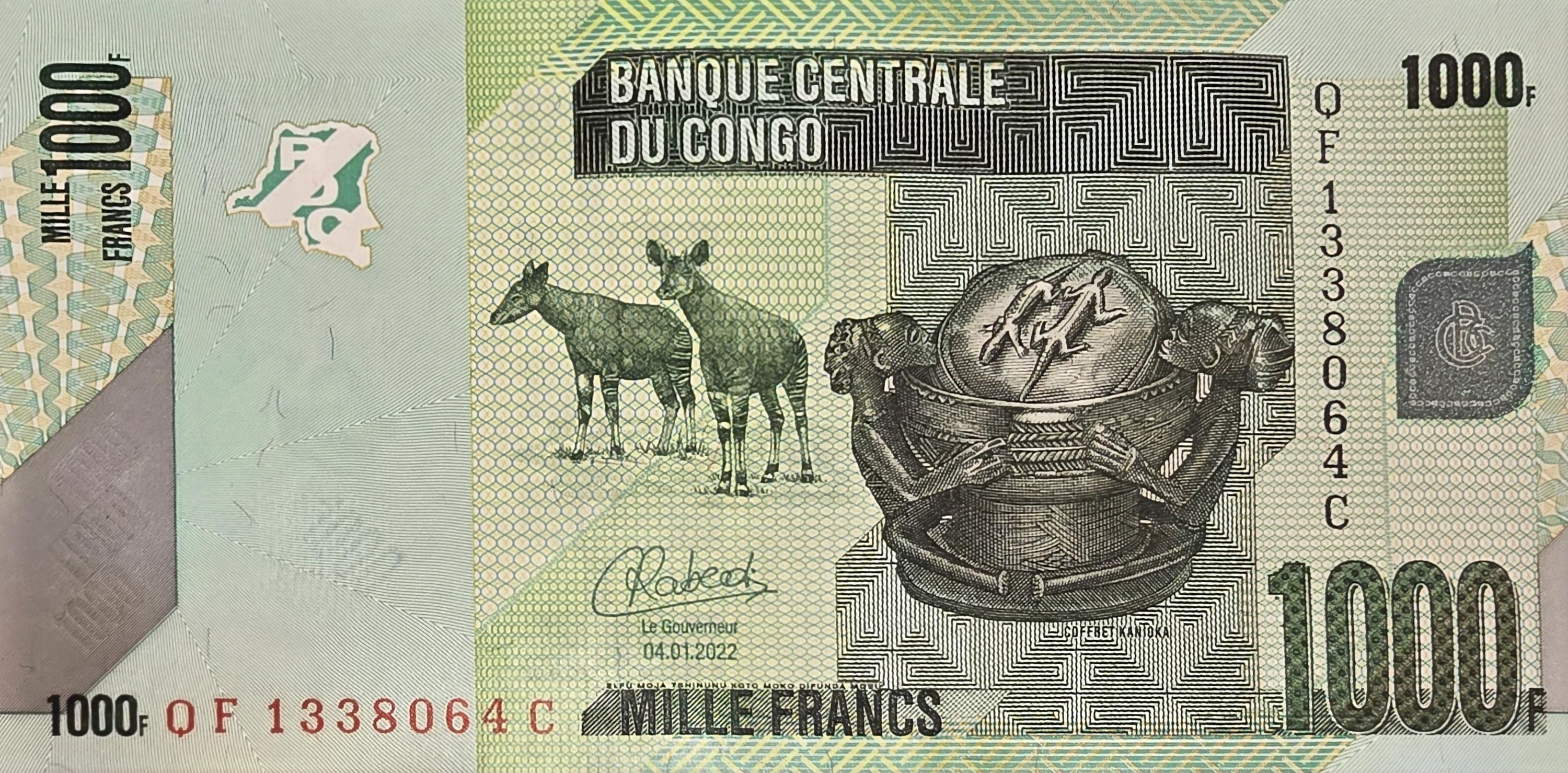 CONGO 1000 Francs, B-323d, UNCIRCULATED, 2022; Features Two Okapi; Lizards and a PARROT