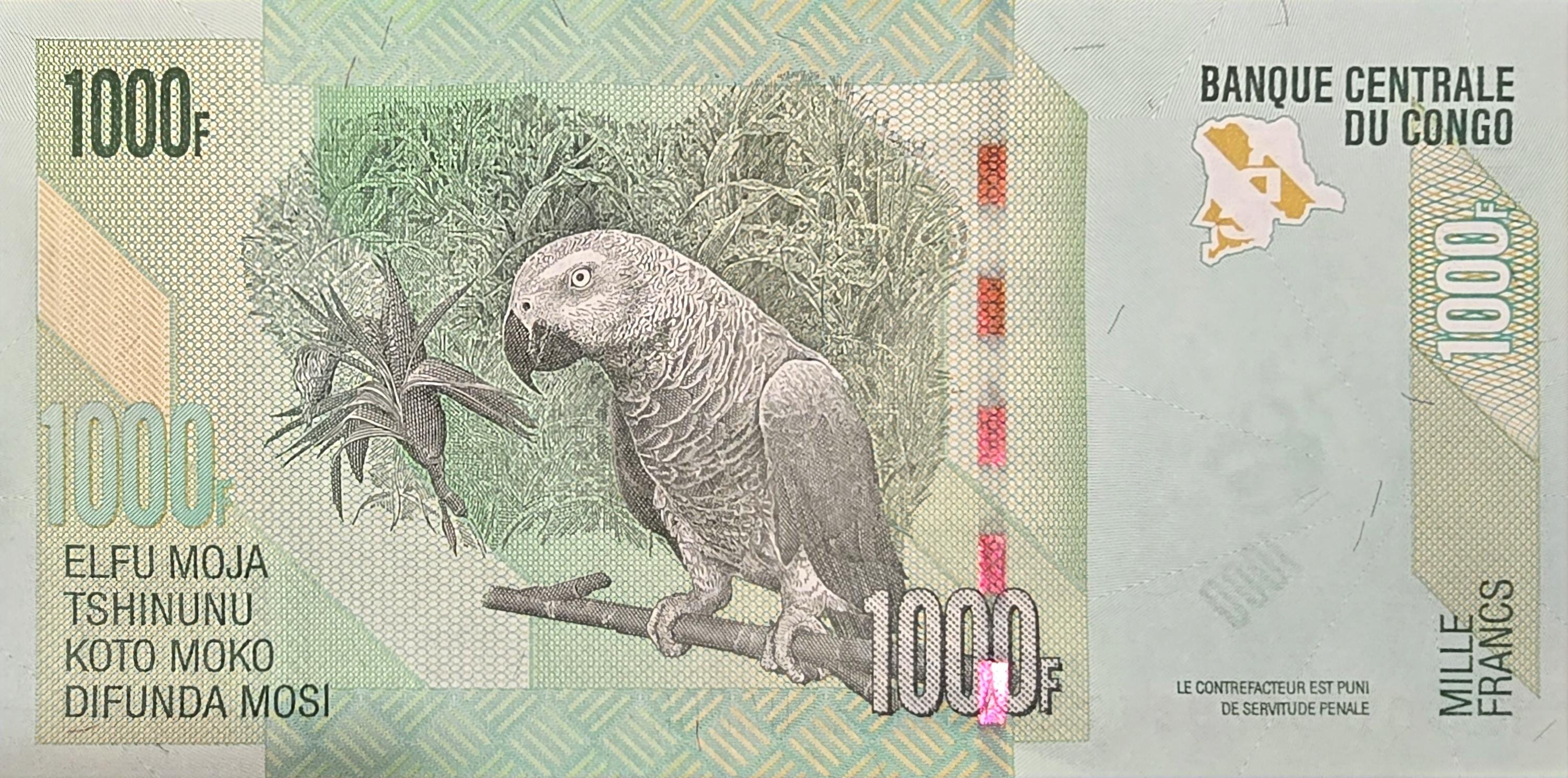 CONGO 1000 Francs, B-323c, UNCIRCULATED, 2020; Features Two Okapi; Lizards and a PARROT