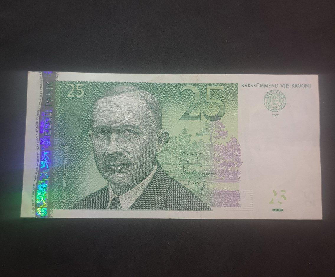 ESTONIA 25 Kroon Banknote, P-84; CIRCULATED (VF) from 2002; features farm scene