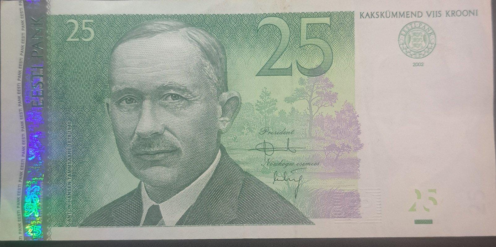 ESTONIA 25 Kroon Banknote, P-84; CIRCULATED (VF) from 2002; features farm scene