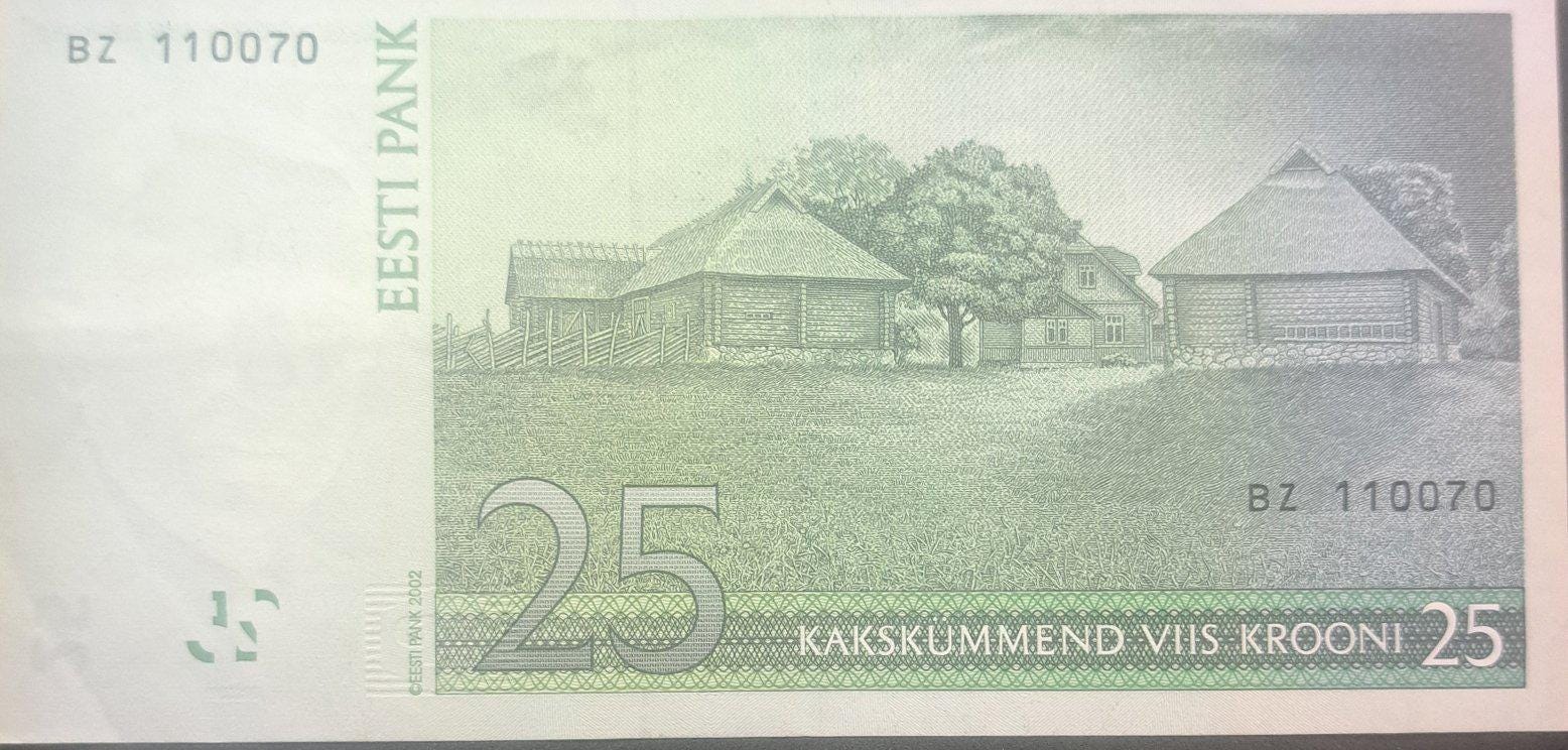 ESTONIA 25 Kroon Banknote, P-84; CIRCULATED (VF) from 2002; features farm scene