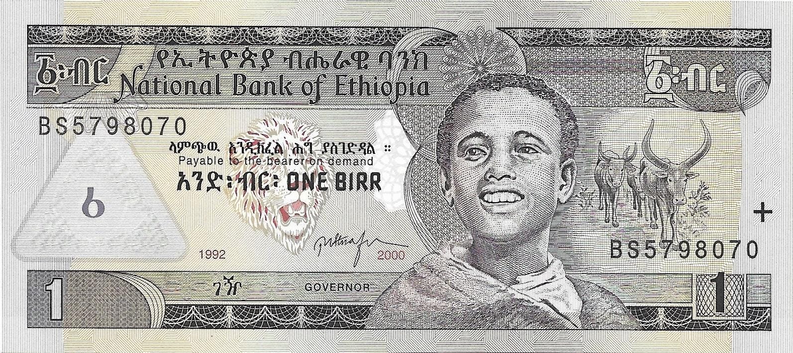 ETHIOPIA 1 Birr, P-46b; UNCIRCULATED; 2000; Features Lion's Head and Tisisat Waterfalls
