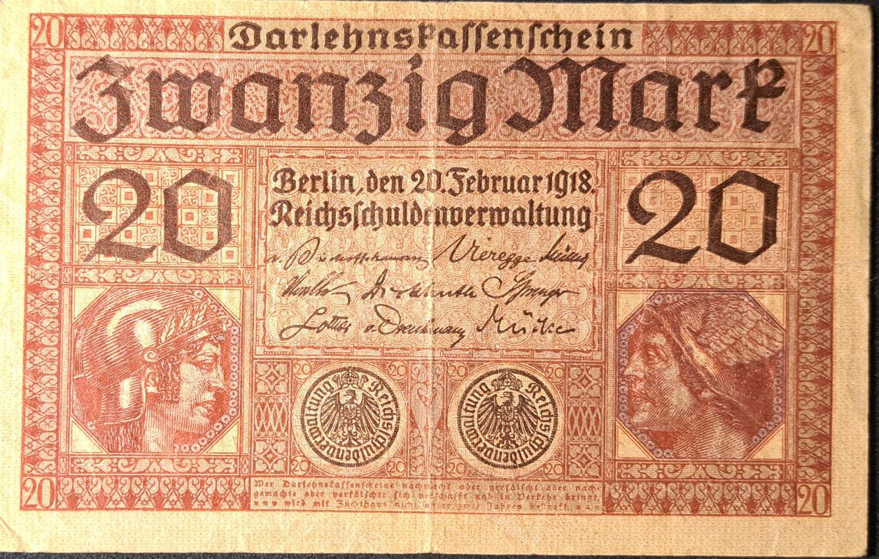 GERMANY 20 Marks, p-57, 1918, Very Good (VG), Allegorical figures of Minerva and Mercury