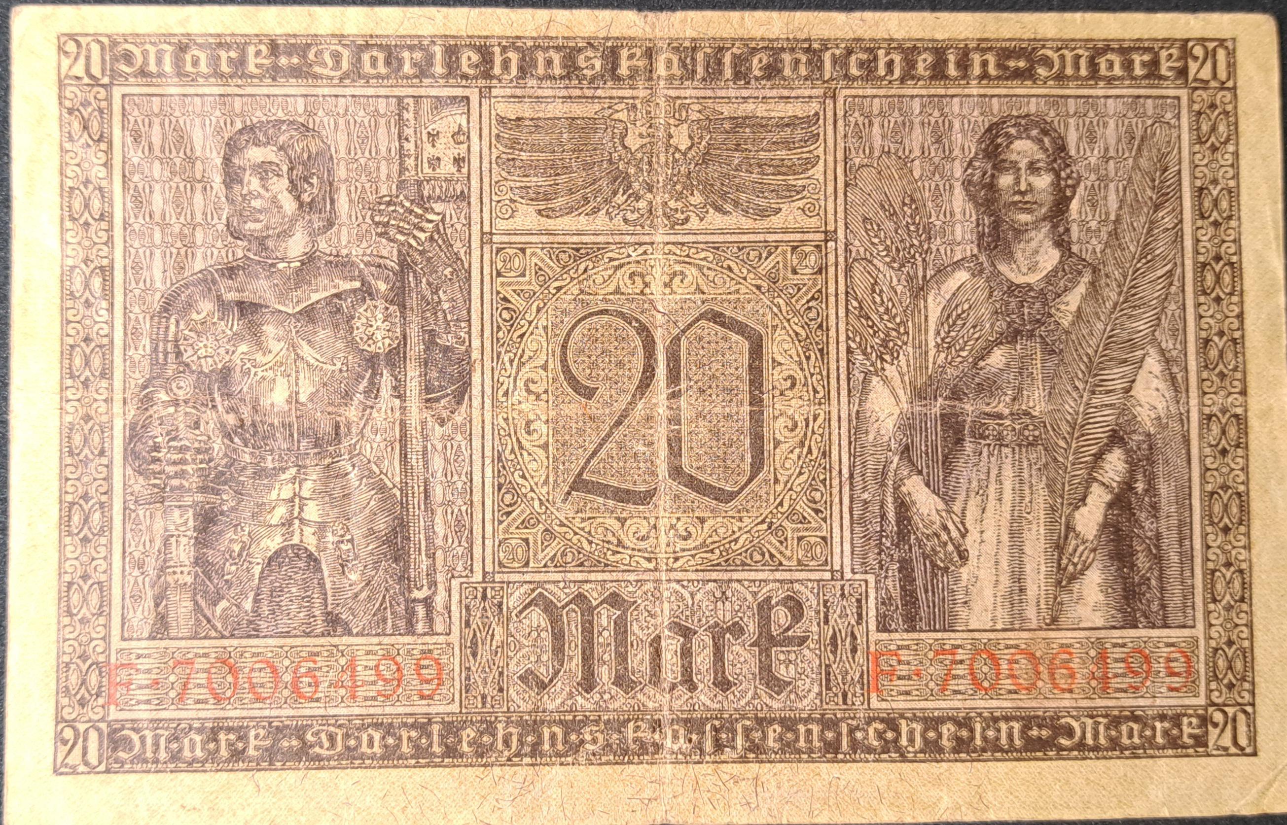 GERMANY 20 Marks, p-57, 1918, Very Good (VG), Allegorical figures of Minerva and Mercury