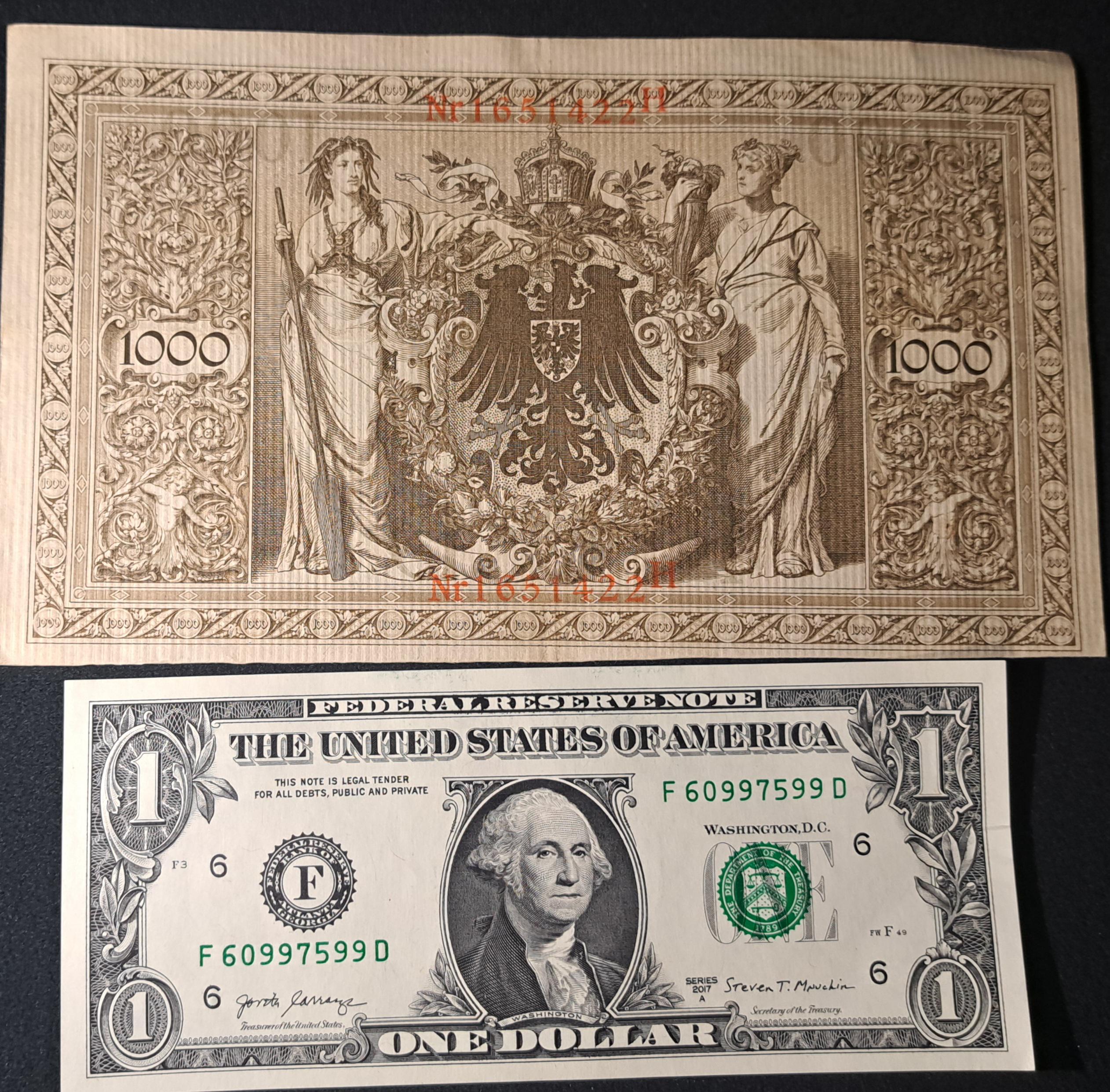 GERMANY 1000 Marks p-44b from 1910, Very Good - Fine, RED Serial Number; Allegorical figures