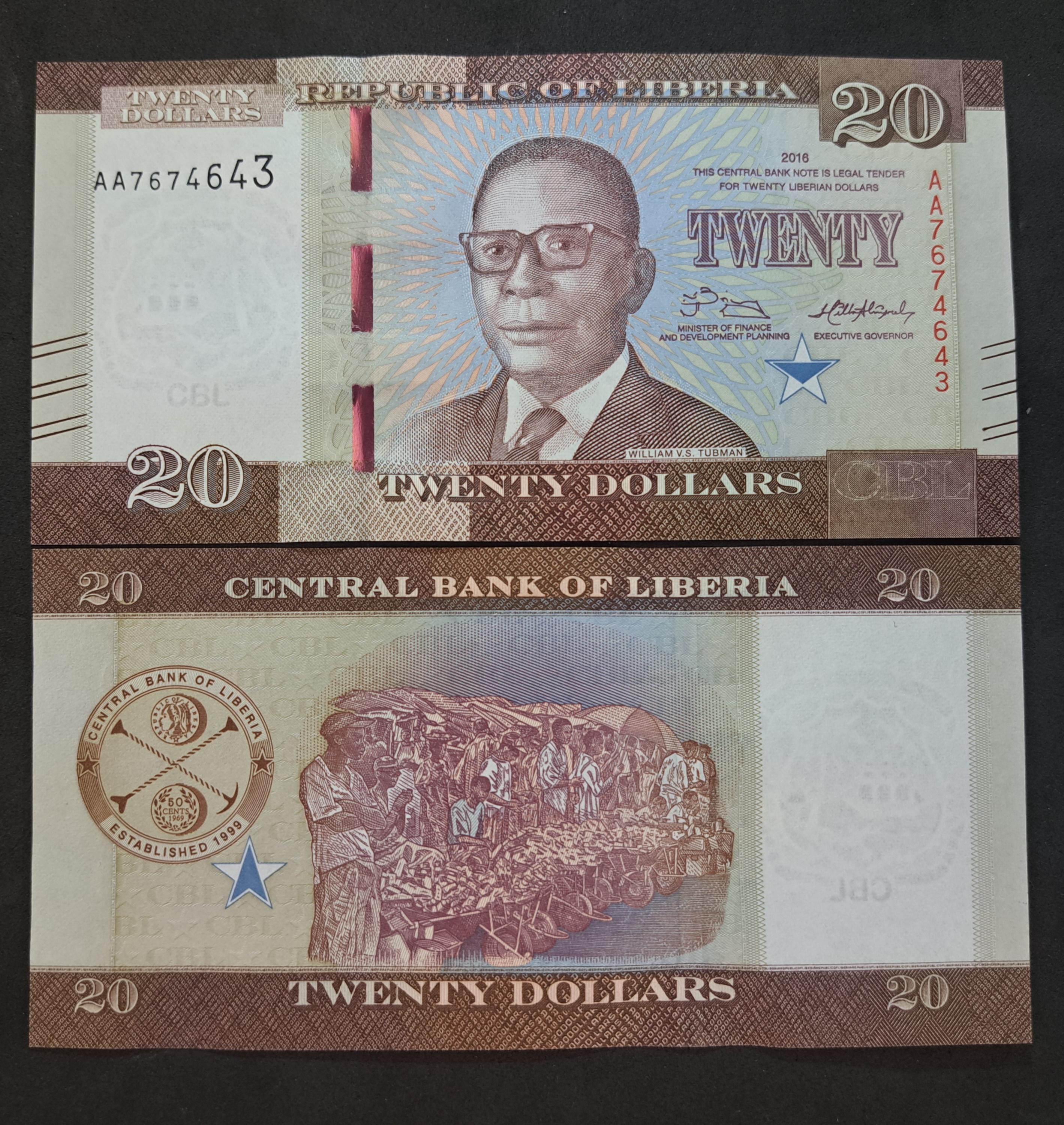 REPUBLIC Of LIBERIA 20 Dollars; P-33a; UNCIRCULATED from 2016; First Prefix