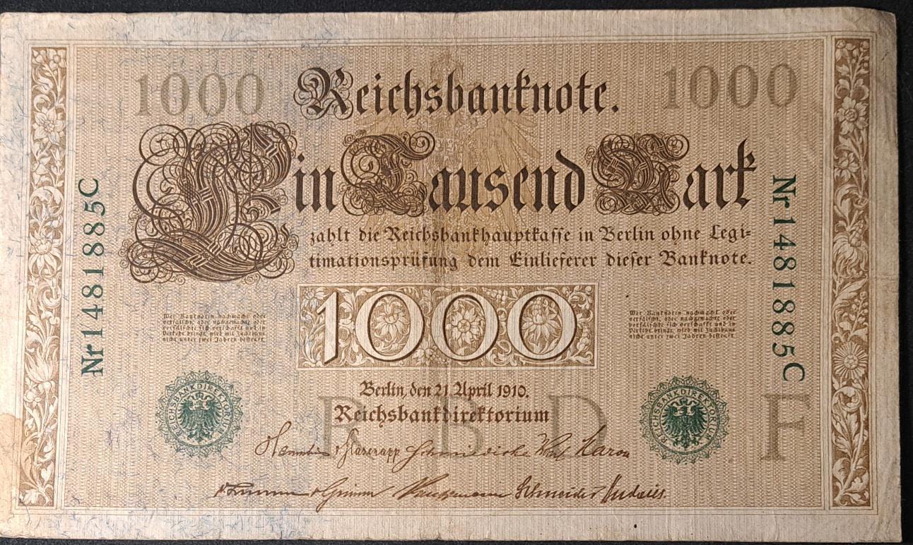 GERMANY 1000 Marks p-45b from 1910, Very Good to Fine; features Allegorical figures