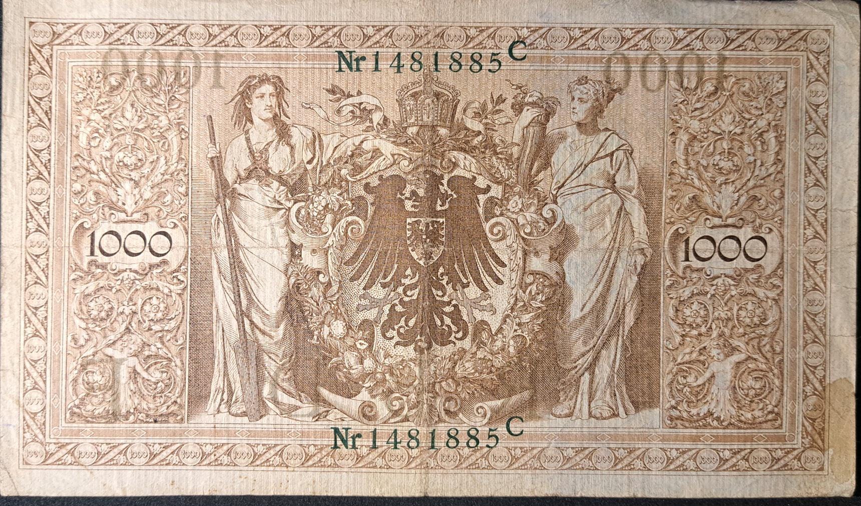 GERMANY 1000 Marks p-45b from 1910, Very Good to Fine; features Allegorical figures