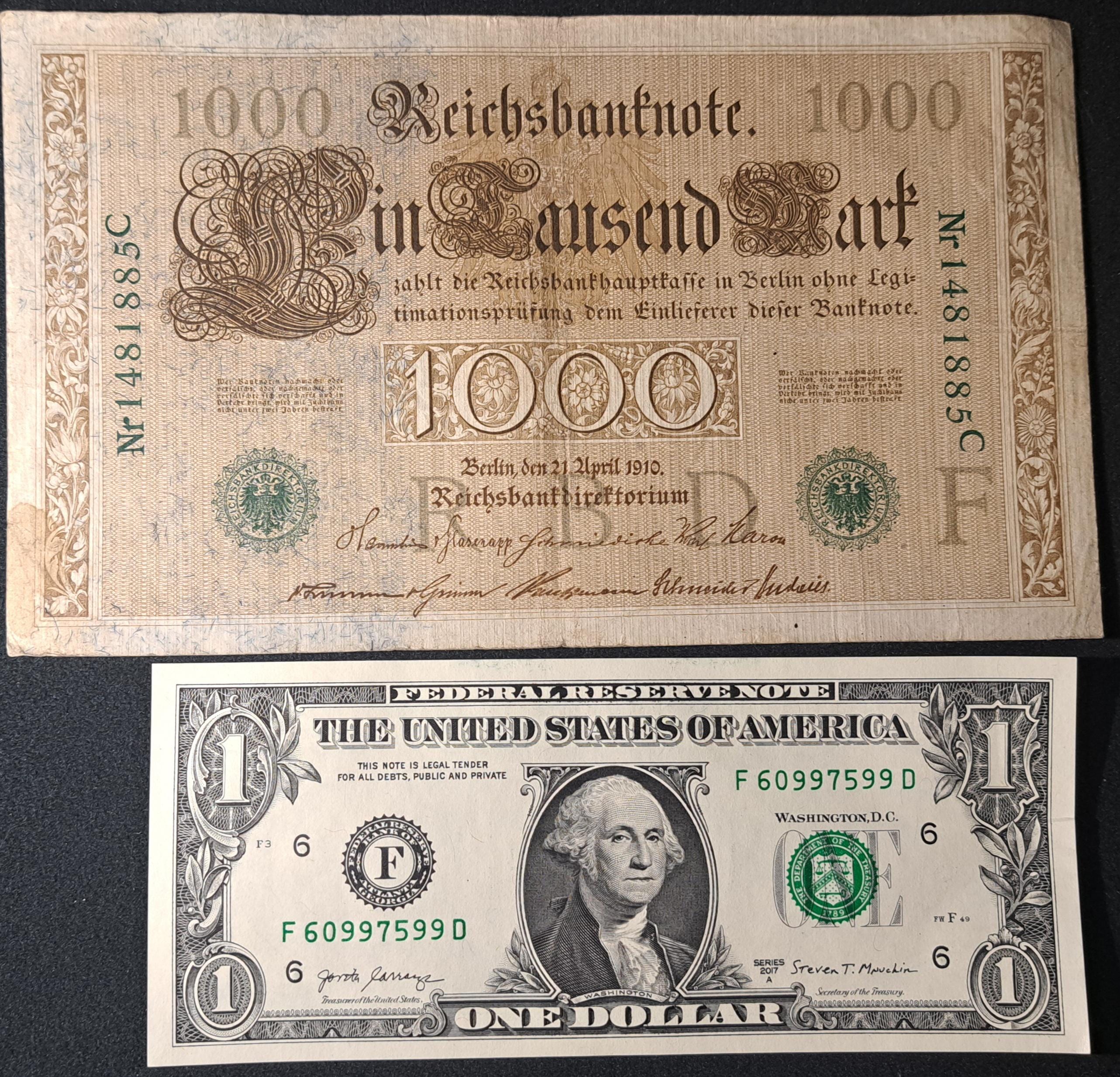 GERMANY 1000 Marks p-45b from 1910, Very Good to Fine; features Allegorical figures