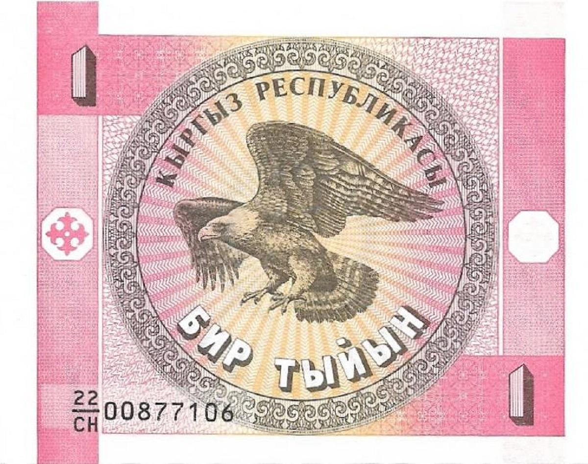 KYRGYZSTAN 1 Tyiyn, P1a, UNCIRCULATED from 1993; features a Bald Eagle