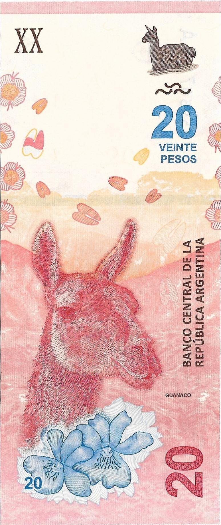 Argentina 20 Pesos, P-361, UNCIRCULATED, 2017; Patagonia Lake scene; Camel