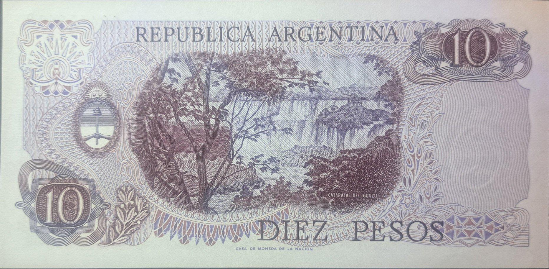 Argentina 10 Pesos, P-295; UNCIRCULATED; 1973; features Iguazu Waterfalls