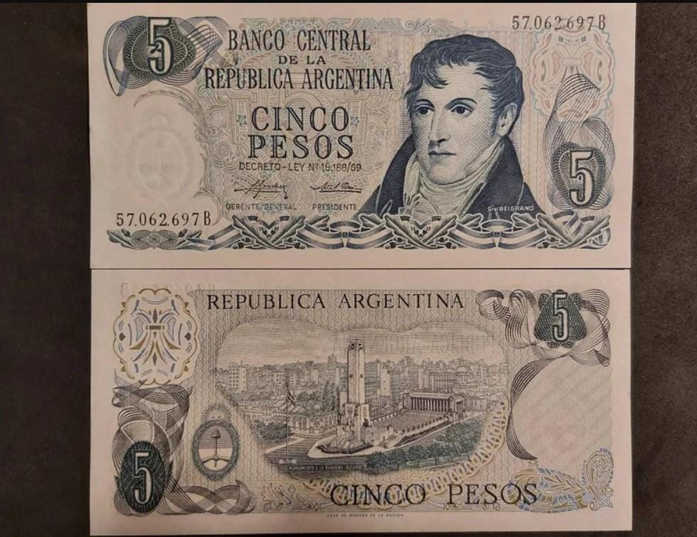 Argentina 5 Pesos, P-294; UNCIRCULATED from 1974; Features a monument to the Flag at Rosario