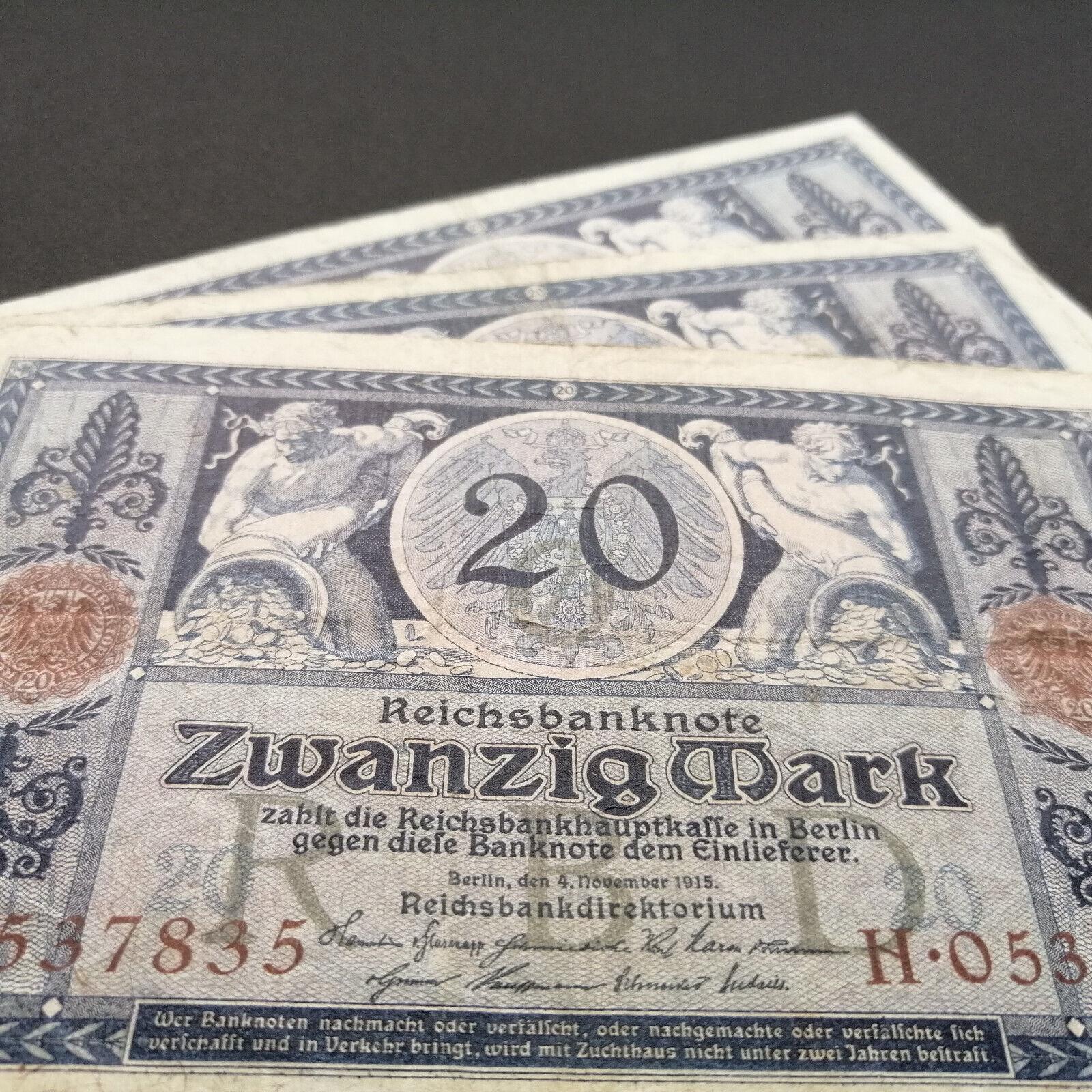 GERMANY 20 Marks, p-63 from 1915, Fine, Men with Cornucopias filled with money
