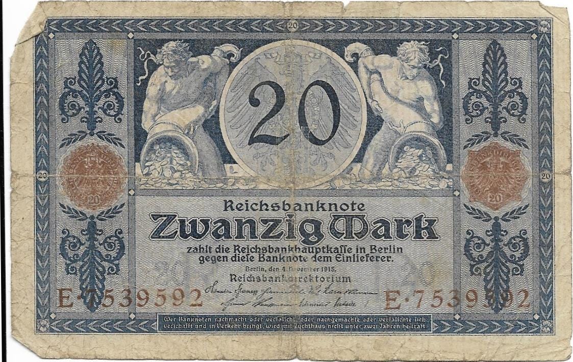 GERMANY 20 Marks, p-63 from 1915, Fine, Men with Cornucopias filled with money