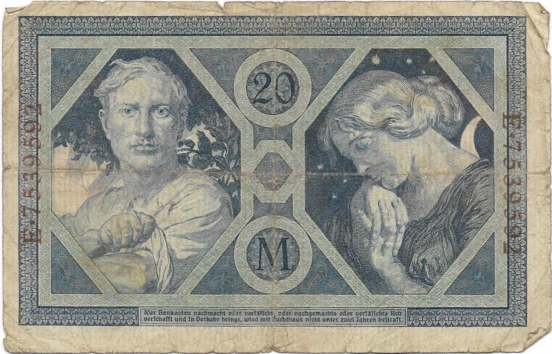 GERMANY 20 Marks, p-63 from 1915, Fine, Men with Cornucopias filled with money