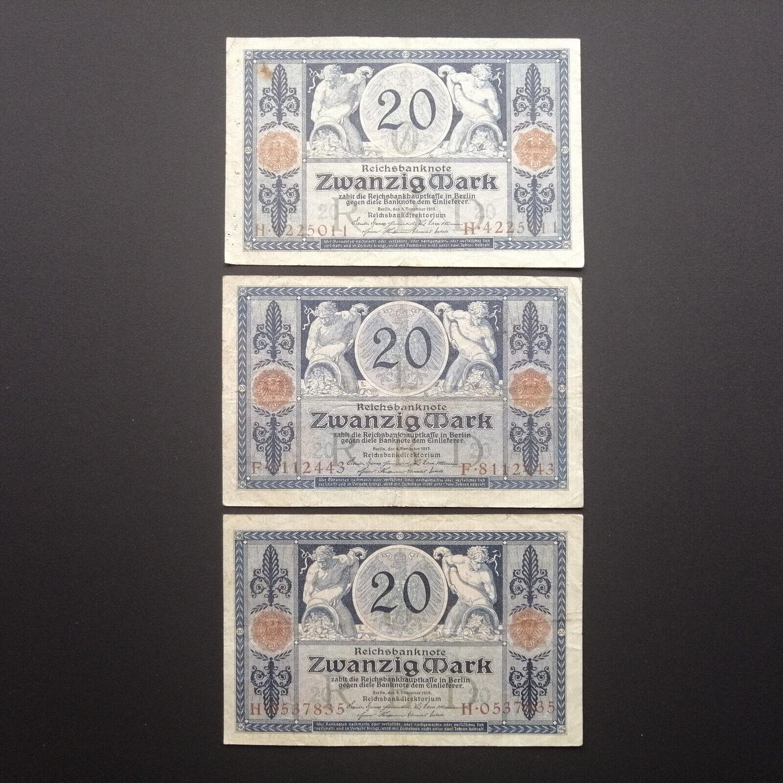 GERMANY 20 Marks, p-63 from 1915, Fine, Men with Cornucopias filled with money