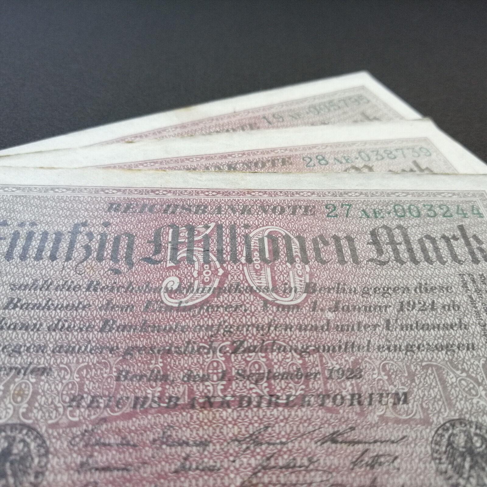 GERMANY 50 MILLION  Mark Banknote; p-109 from 1923, Very Fine; Uncommon Uniface Note