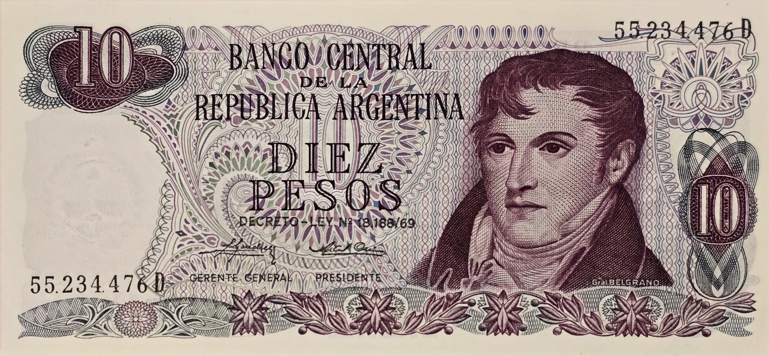 Argentina 10 Pesos, P-300, 1976, UNCIRCULATED,  SIGNATURE VARIETY 2