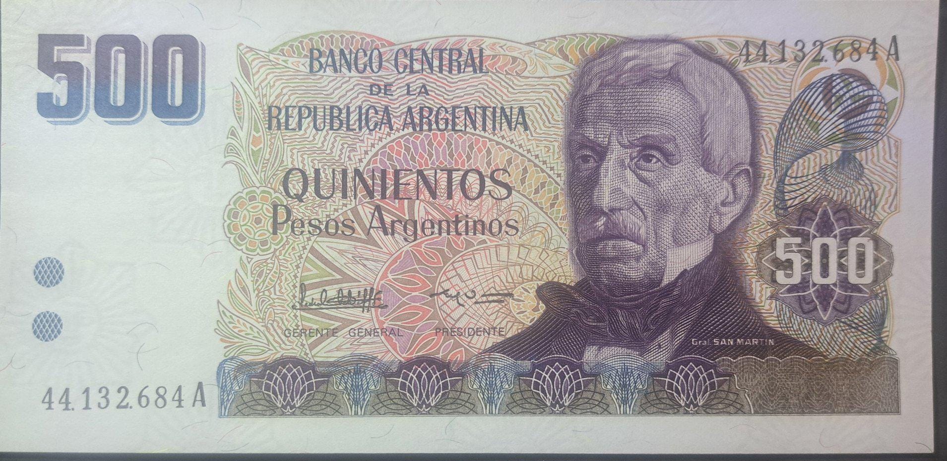 Argentina 500 Peso Argentinos, P-316; 1984; UNCIRCULATED; features 1810 Town meeting