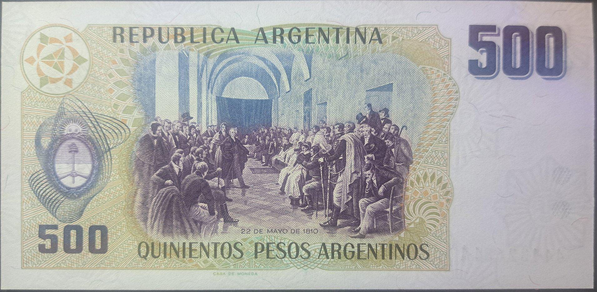 Argentina 500 Peso Argentinos, P-316; 1984; UNCIRCULATED; features 1810 Town meeting