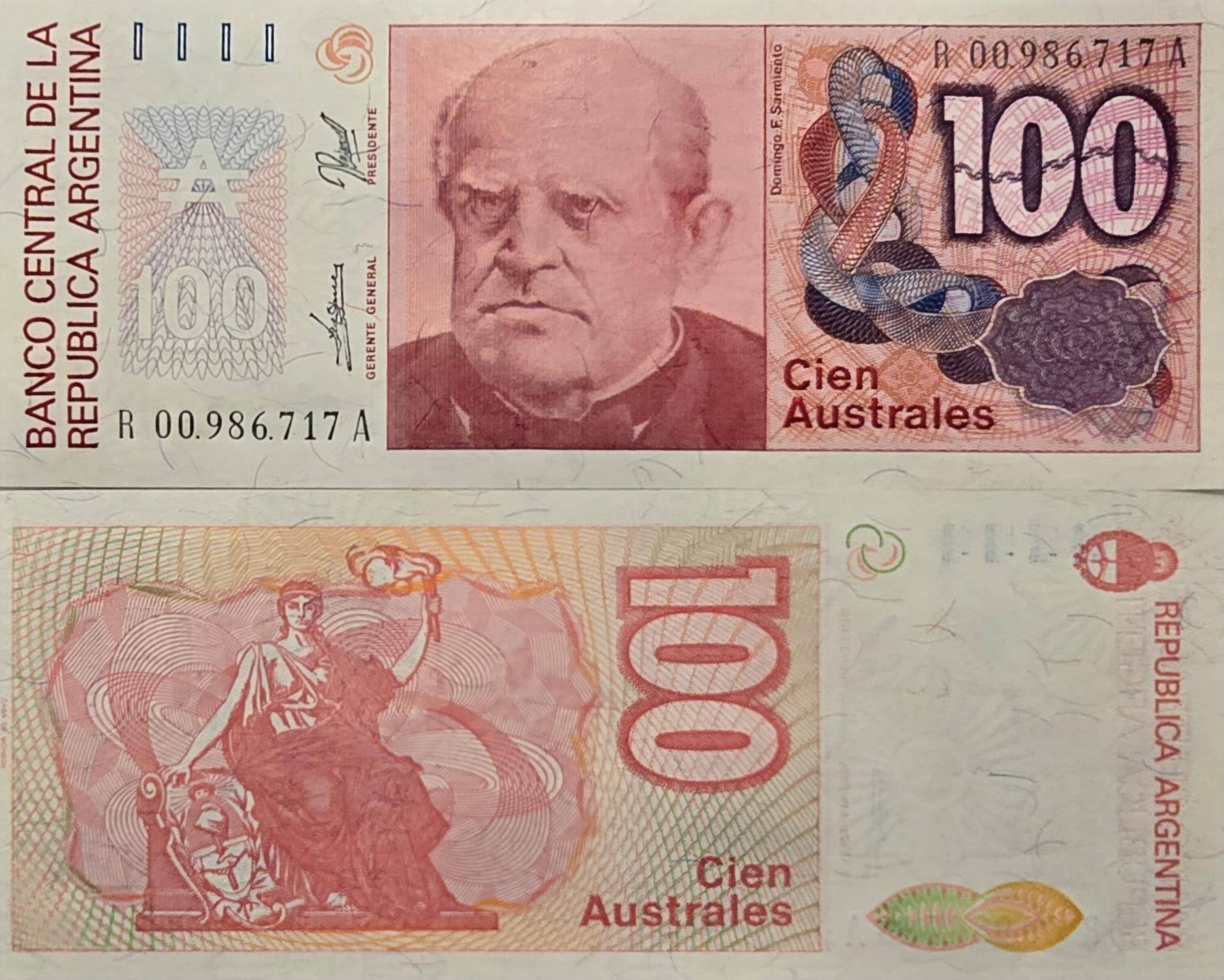 Argentina 100 Australes, P-327r (Replacement Note - Rare);  UNCIRCULATED, 1985; features D.F. Sarmientro