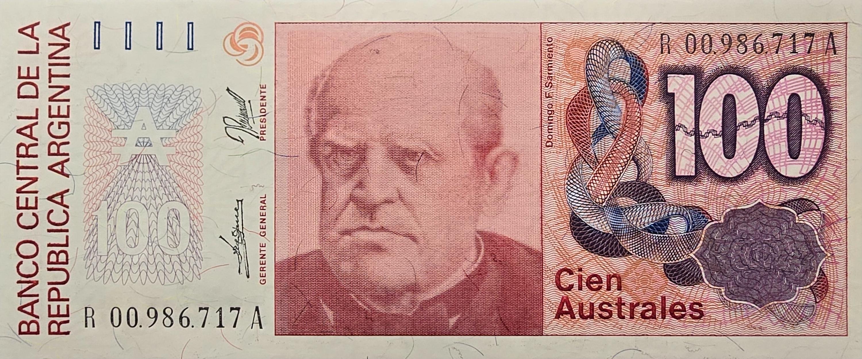 Argentina 100 Australes, P-327r (Replacement Note - Rare);  UNCIRCULATED, 1985; features D.F. Sarmientro