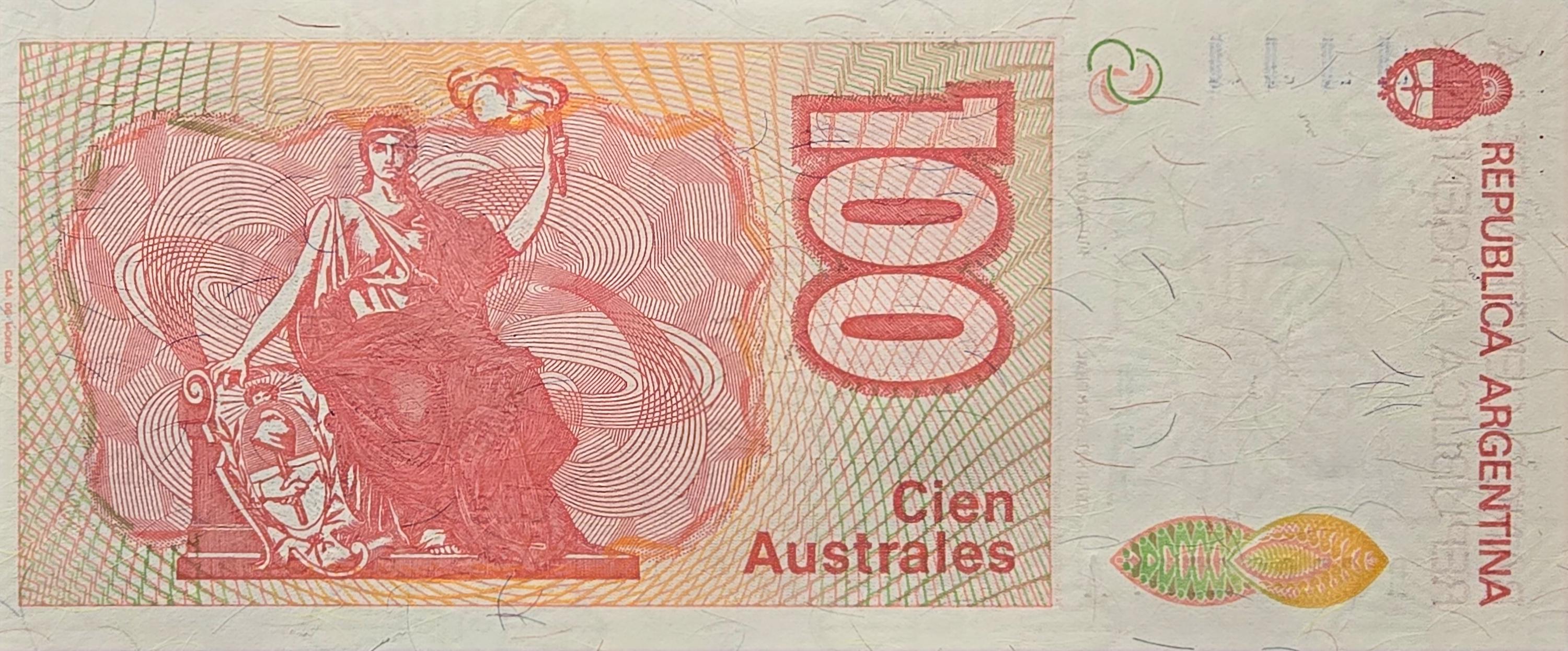 Argentina 100 Australes, P-327r (Replacement Note - Rare);  UNCIRCULATED, 1985; features D.F. Sarmientro