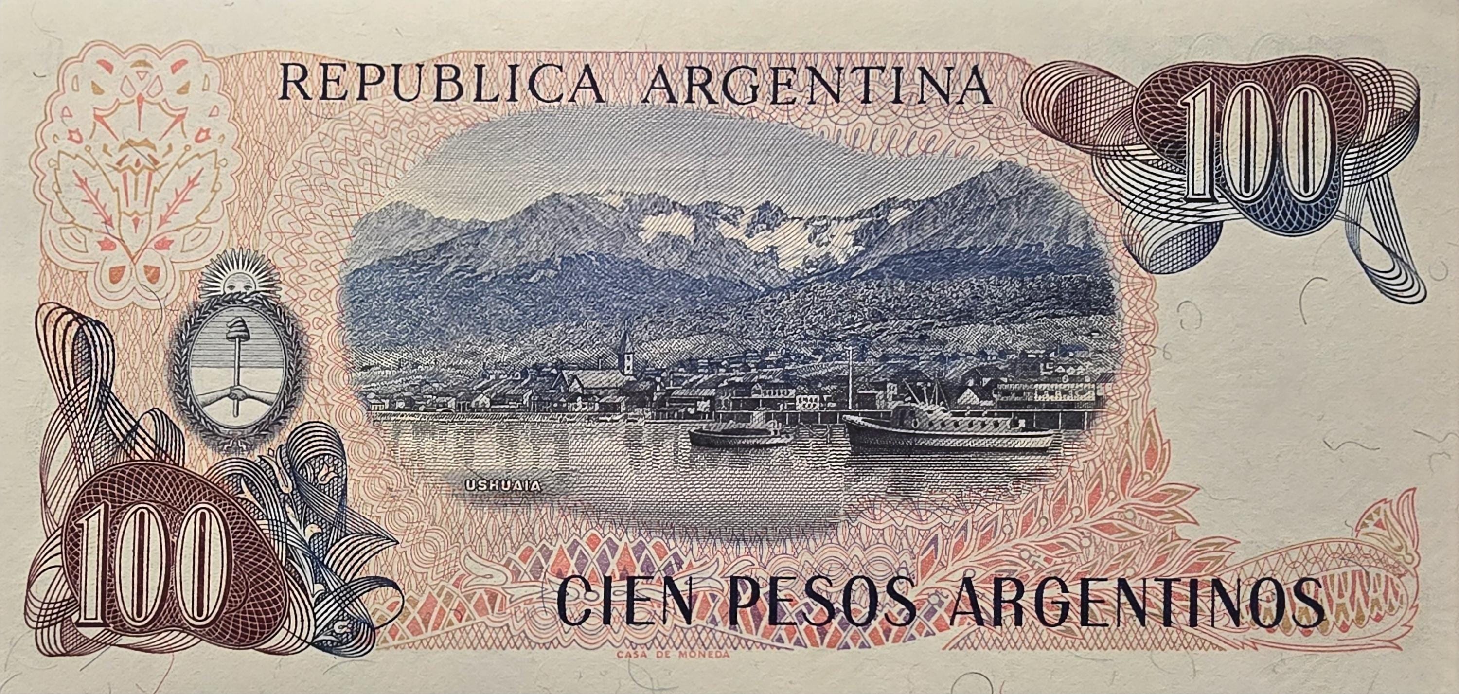 Argentina 100 Pesos, P-315; UNCIRCULATED; 1983; features Coastline of Ushuaia