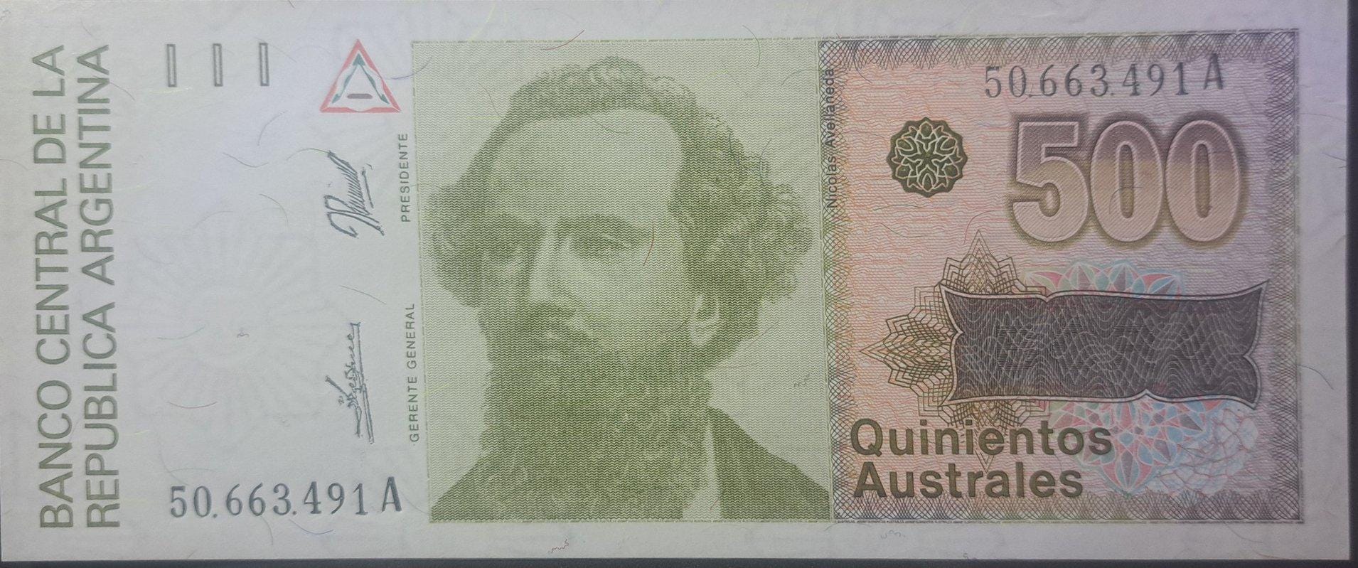 Argentina 500 Australes, P-328b, 1988-90, UNCIRCULATED; Features N. Avellaneda