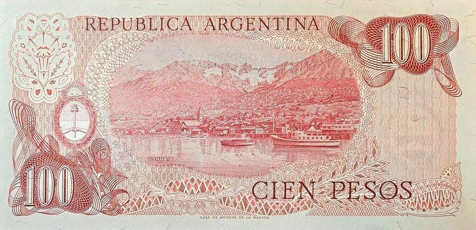 Argentina 100 Pesos, P-302b; UNCIRCULATED; 1976-78; features the coastline of Ushuaia