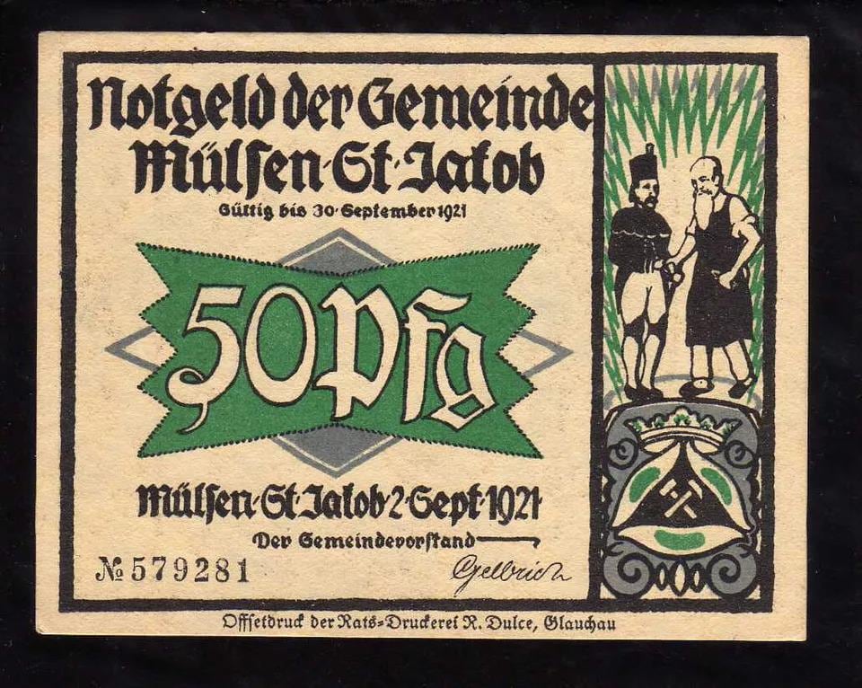 GERMaN Notgeld, MULSEN-ST. JAKOB 50 Pfennig, Uncirculated from 1921