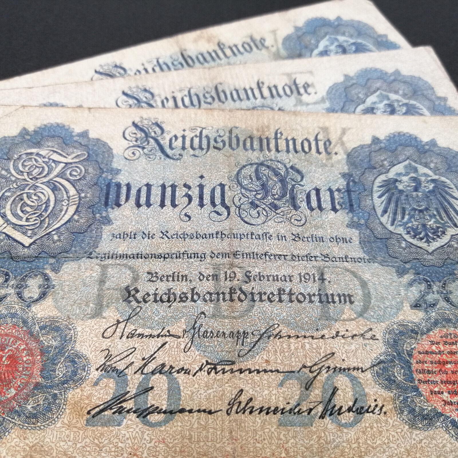 GERMANY 20 Marks, p-46b, 1914, Fine, eagle design