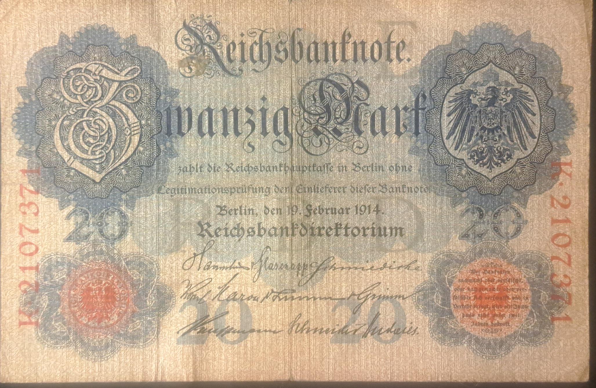 GERMANY 20 Marks, p-46b, 1914, Fine, eagle design