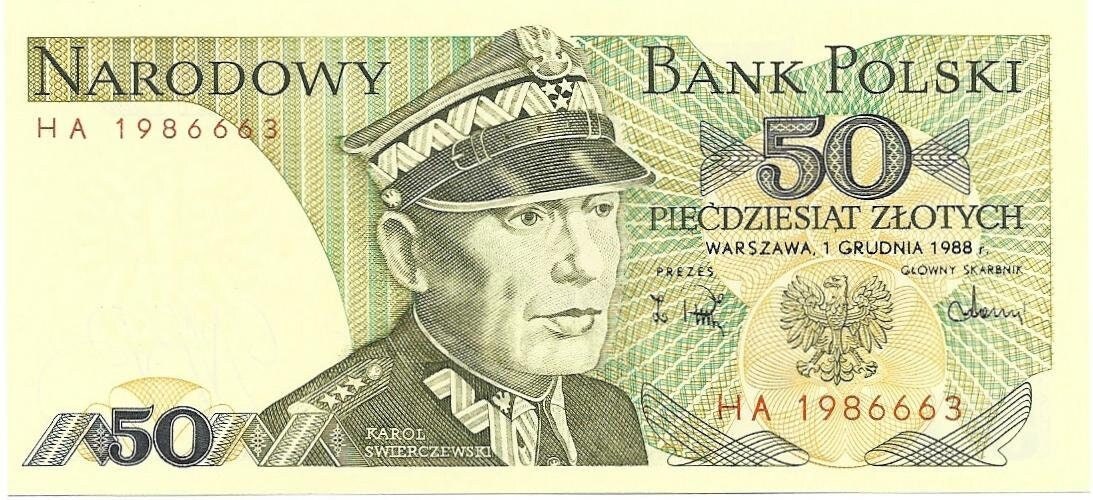 POLAND 50 Zlotych, P-142c; 1988; UNCIRCULATED; features Karl Swierczewski