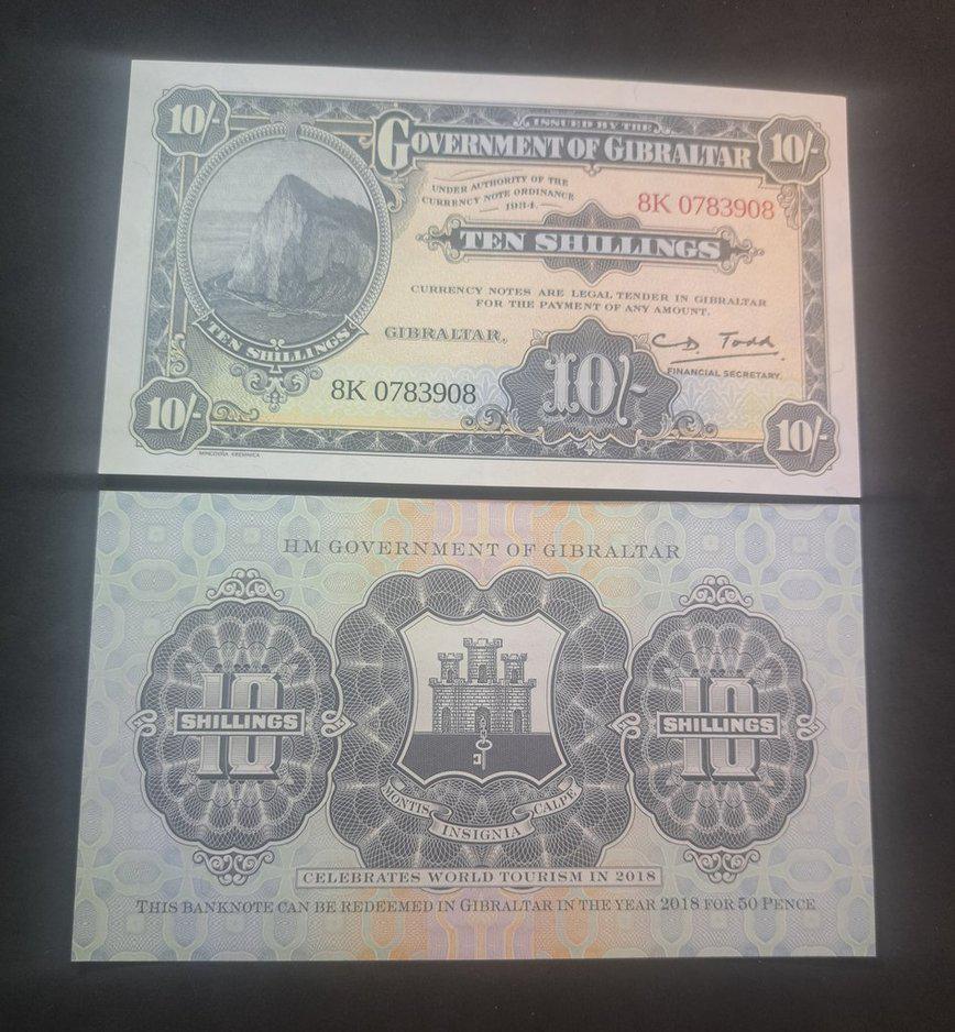 GIBRALTAR 10 Shillings Banknote, B-NP102; UNCIRCULATED, 2018; features the Rock of Gibraltar