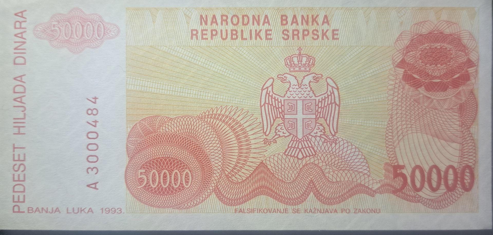 BOSNIA 50000 Dinara, P-153; UNCIRCULATED, 1993; features novelist Petar Kocic