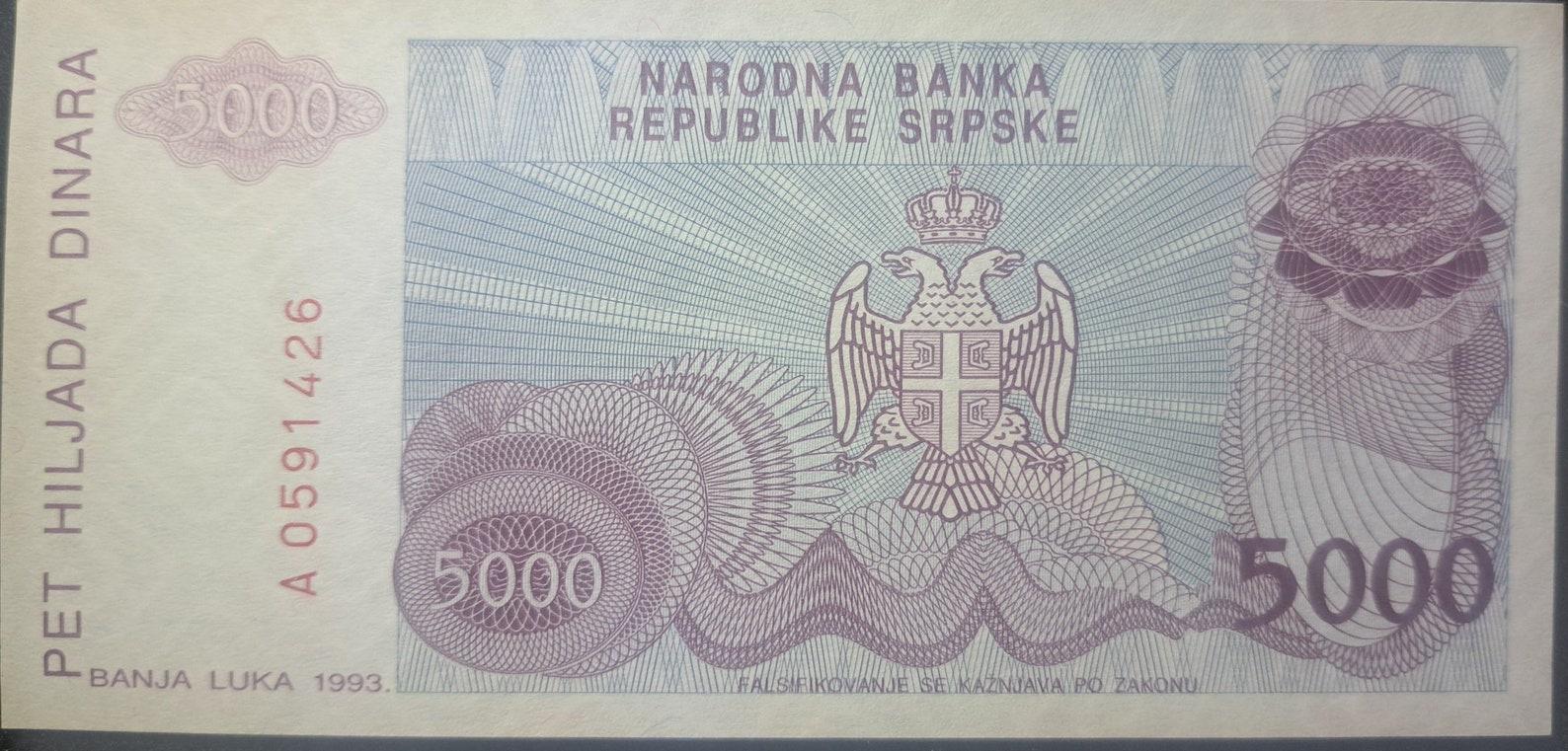 BOSNIA 5000 Dinara, PR-20; UNCIRCULATED, 1993; Knin Fortress
