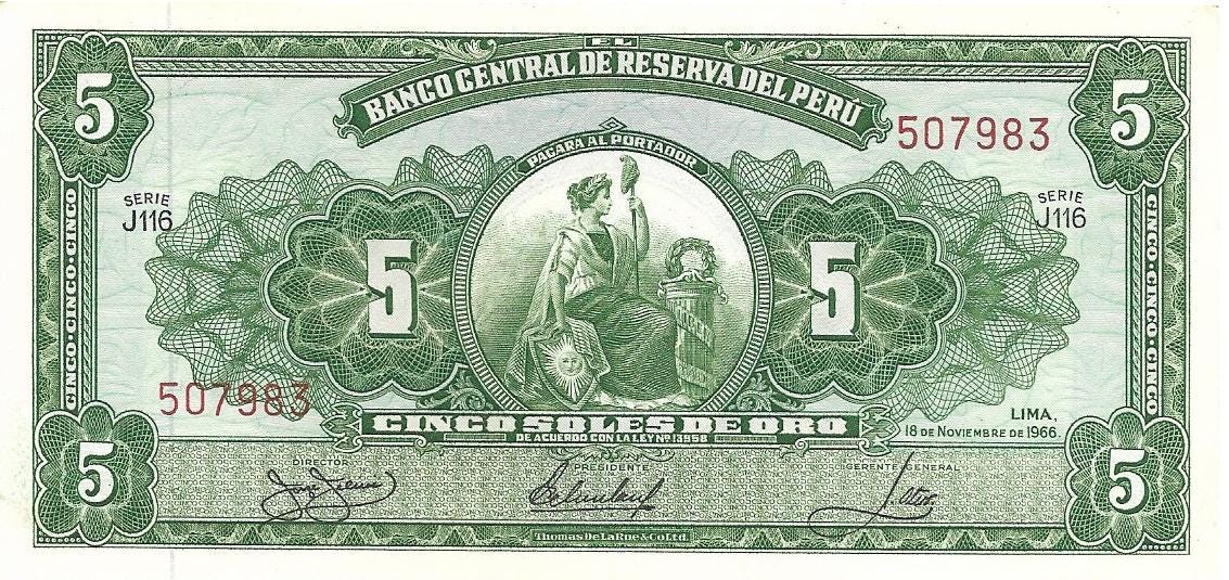 PERU 5 Soles de Oro, P-83, UNCIRCULATED, 1966; Featuring Liberty